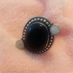 1 inch, 925 marked, Labradorite and Moonstone ring size 8 1/2.